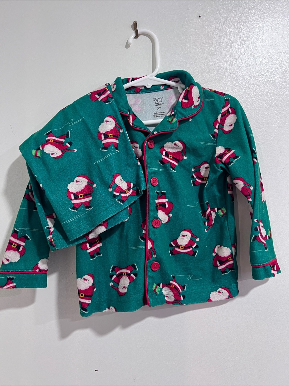 Carter's Toddler 2T Green Ice Skating Santa Christmas Pajama Set GUC